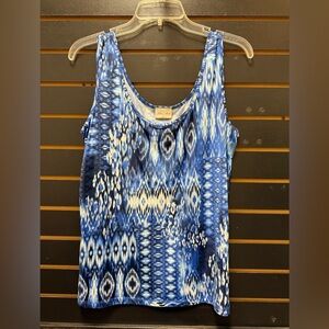 Jillian Nicole Blue Ikat Print Tank Top XL Made in USA Stretch